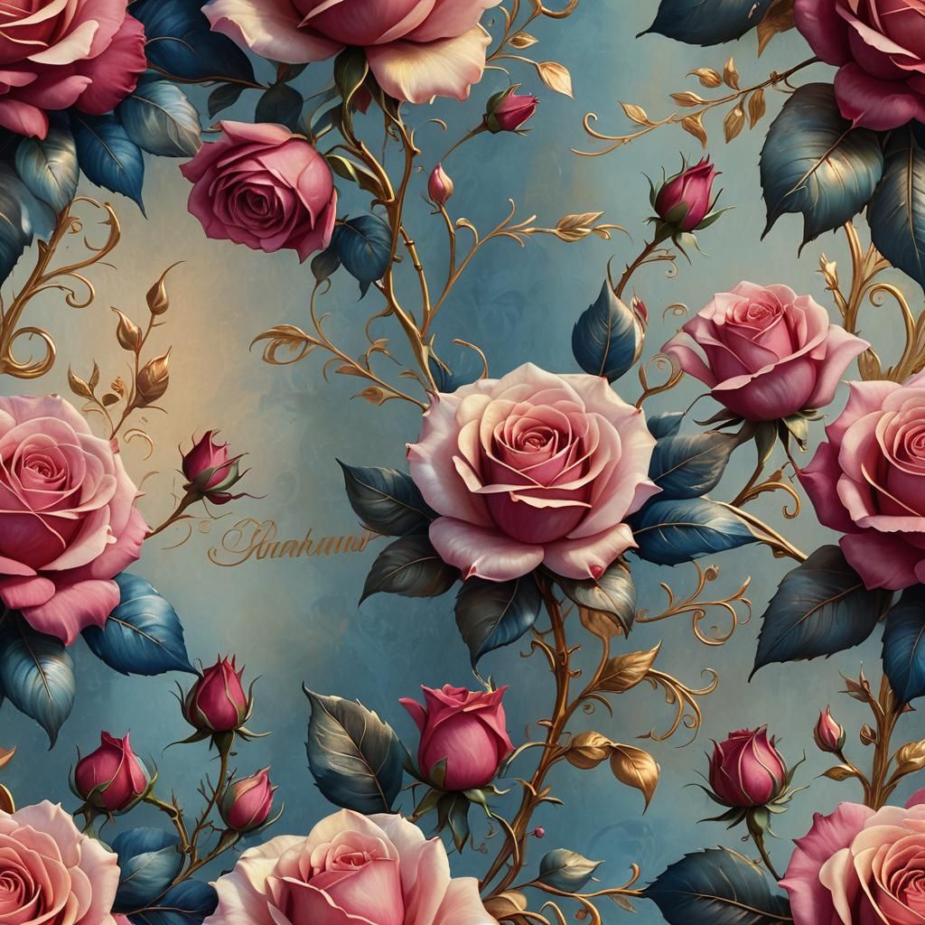 Fantasy Roses in Elegant French Script Background