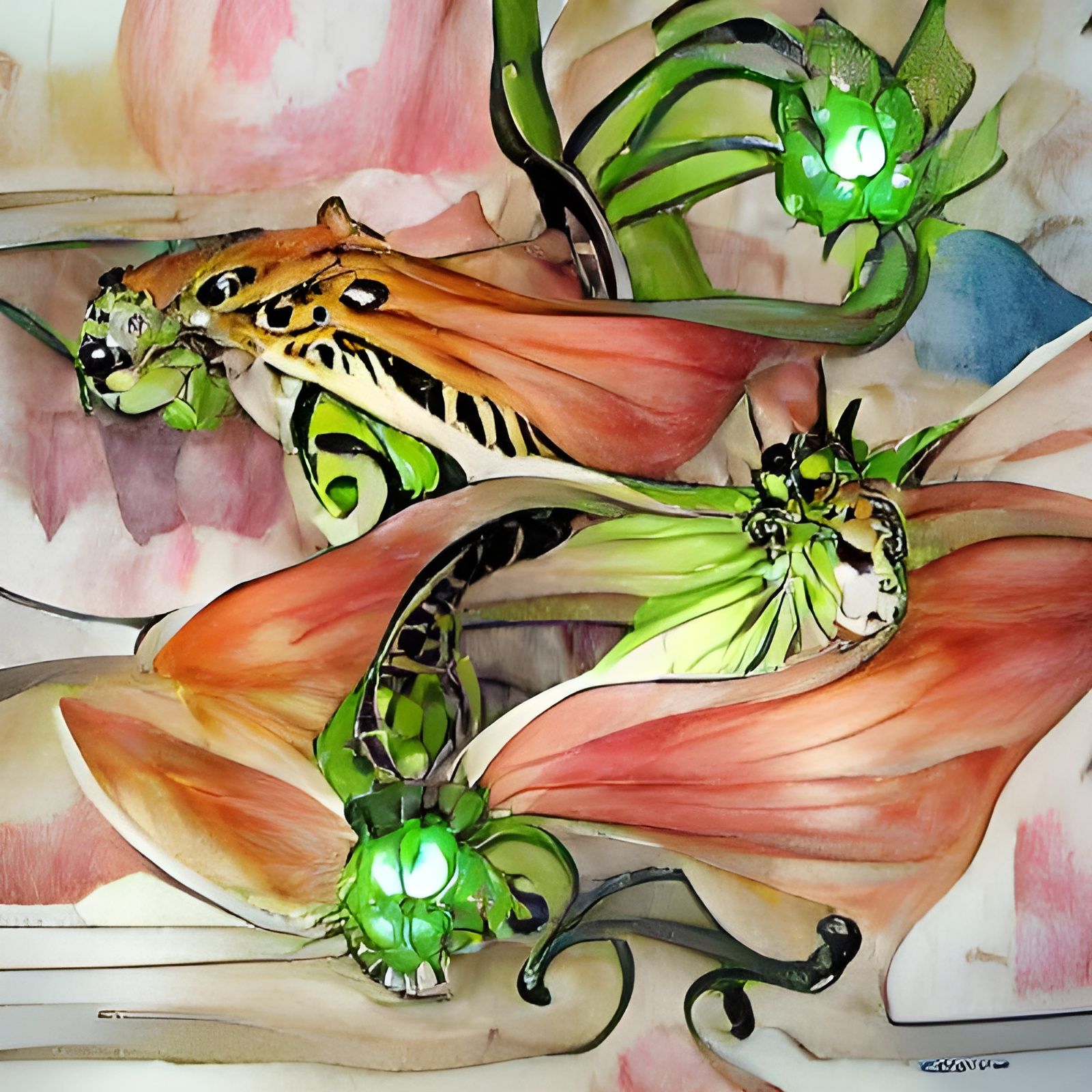 Art Nouveau Tiger Lilies and Luna Moths Watercolor