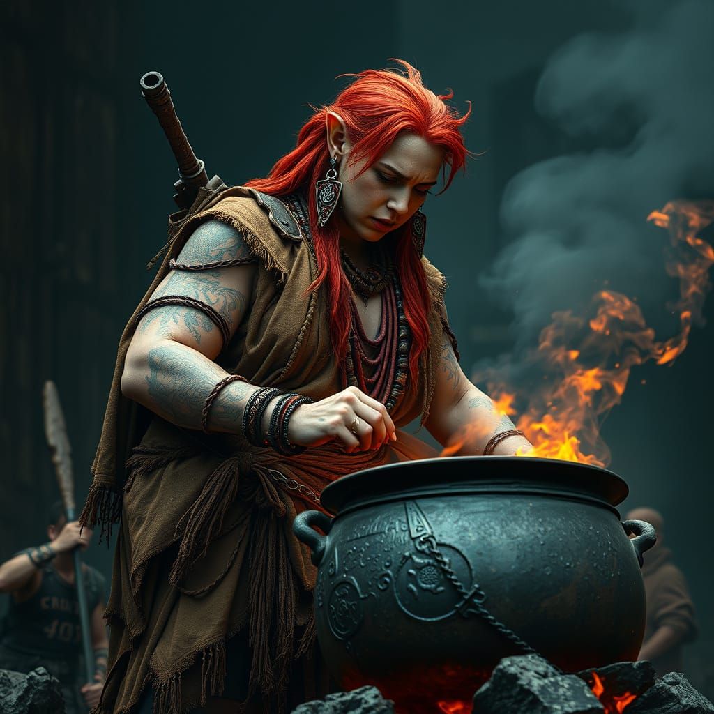 Imposing Shaman Stirs Magical Cauldron in Cinematic Scene