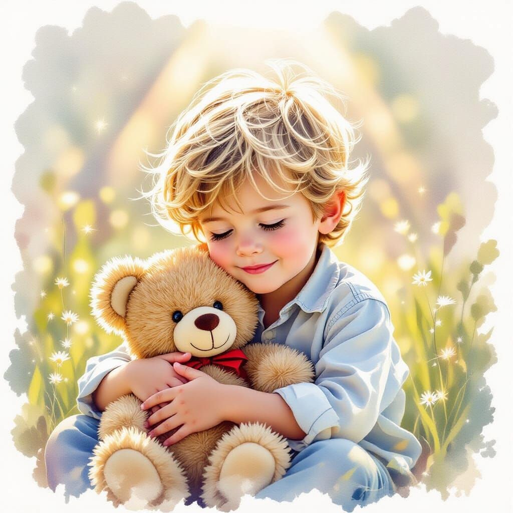 Boy and Teddy Bear in Dreamy Watercolor