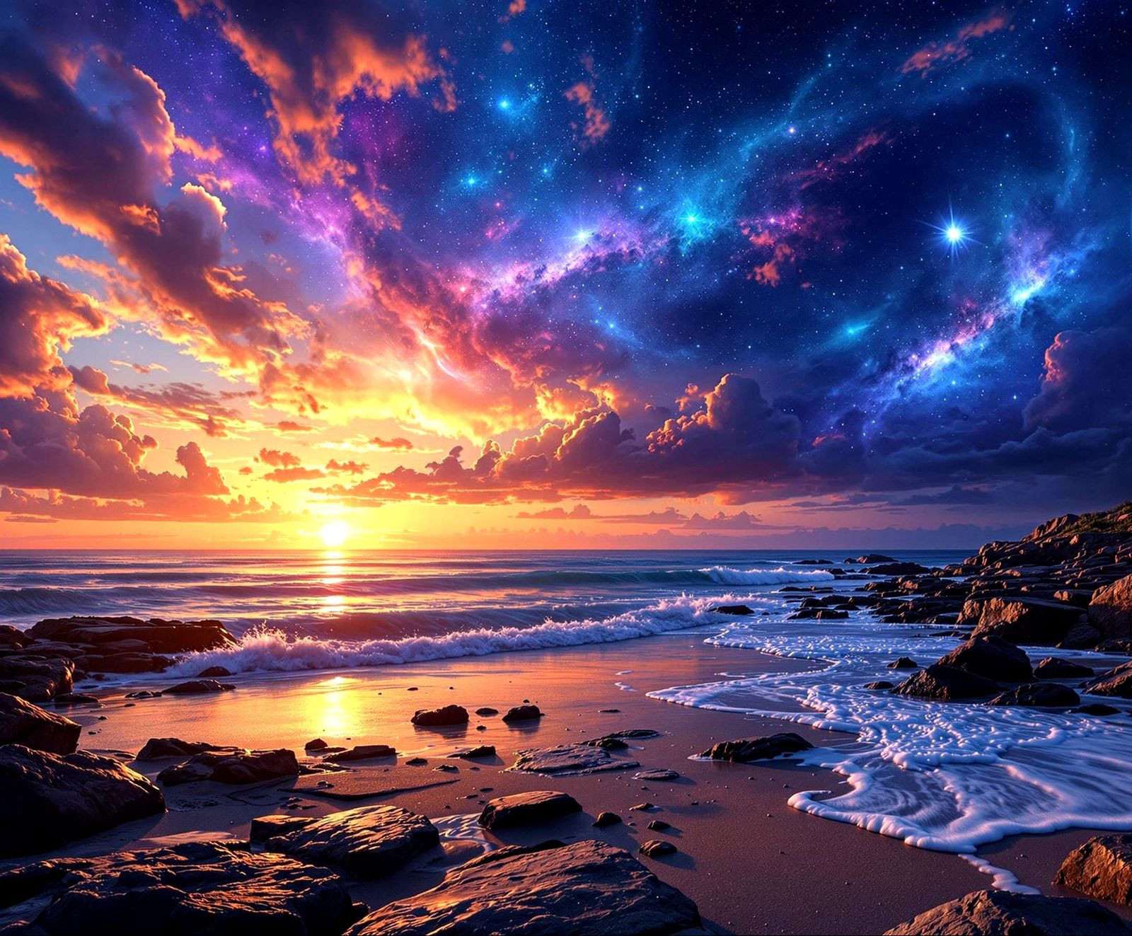 Cosmic Rocky Beachscape at Twilight