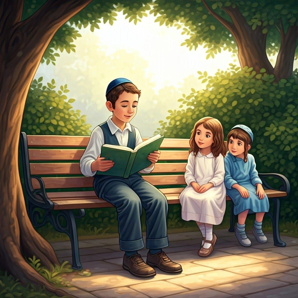 A Young Haredi Boy Reads to Children in a Lush Park Scene