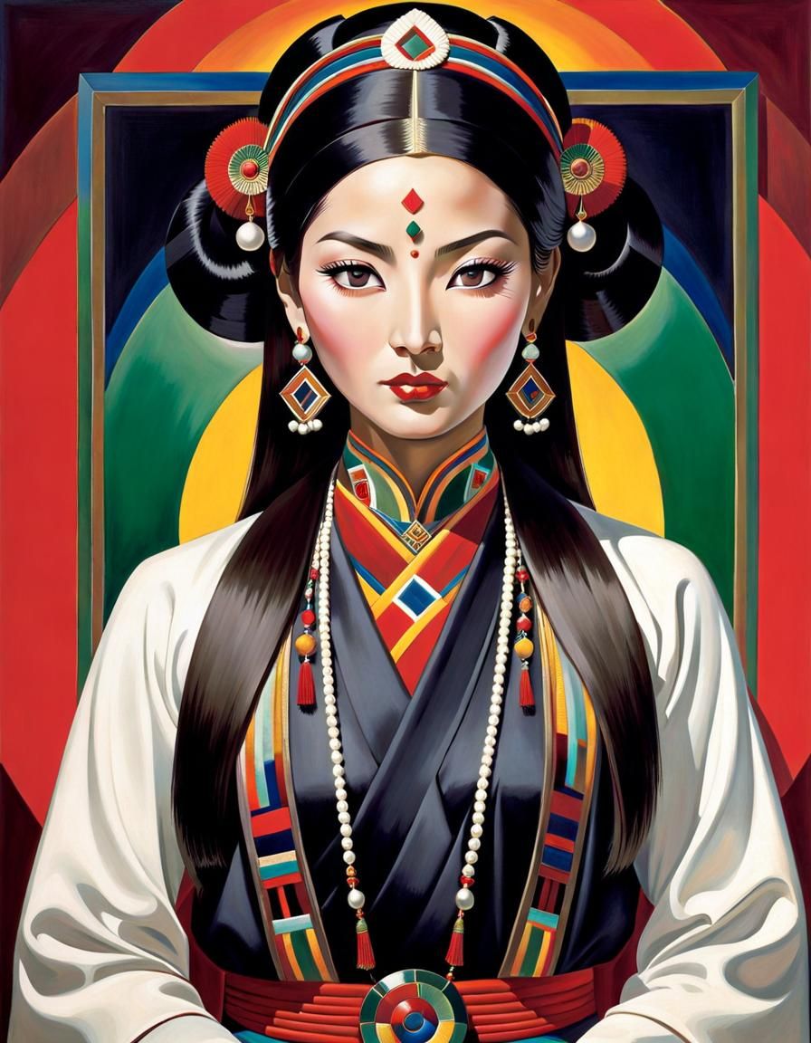 Art Deco Portrait of Tibetan Woman in Himalayas