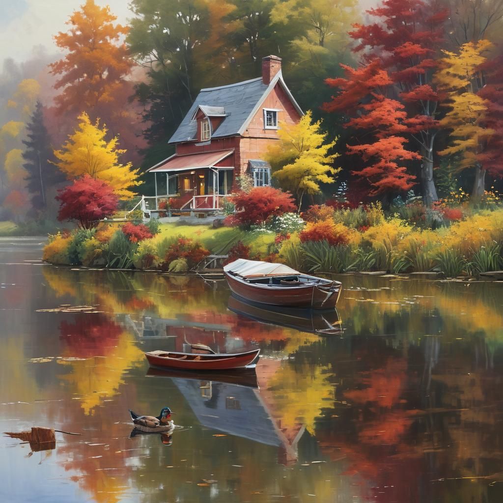 Autumn Lakeside Cottage in Oil Painting Style