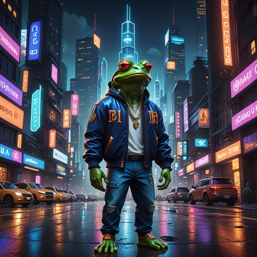 Futuristic Frog Rapper Takes Center Stage in Neon-Lit Citysc...