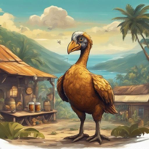 Artistic Golden Dodo bird near Wooden House Beer in tropical island