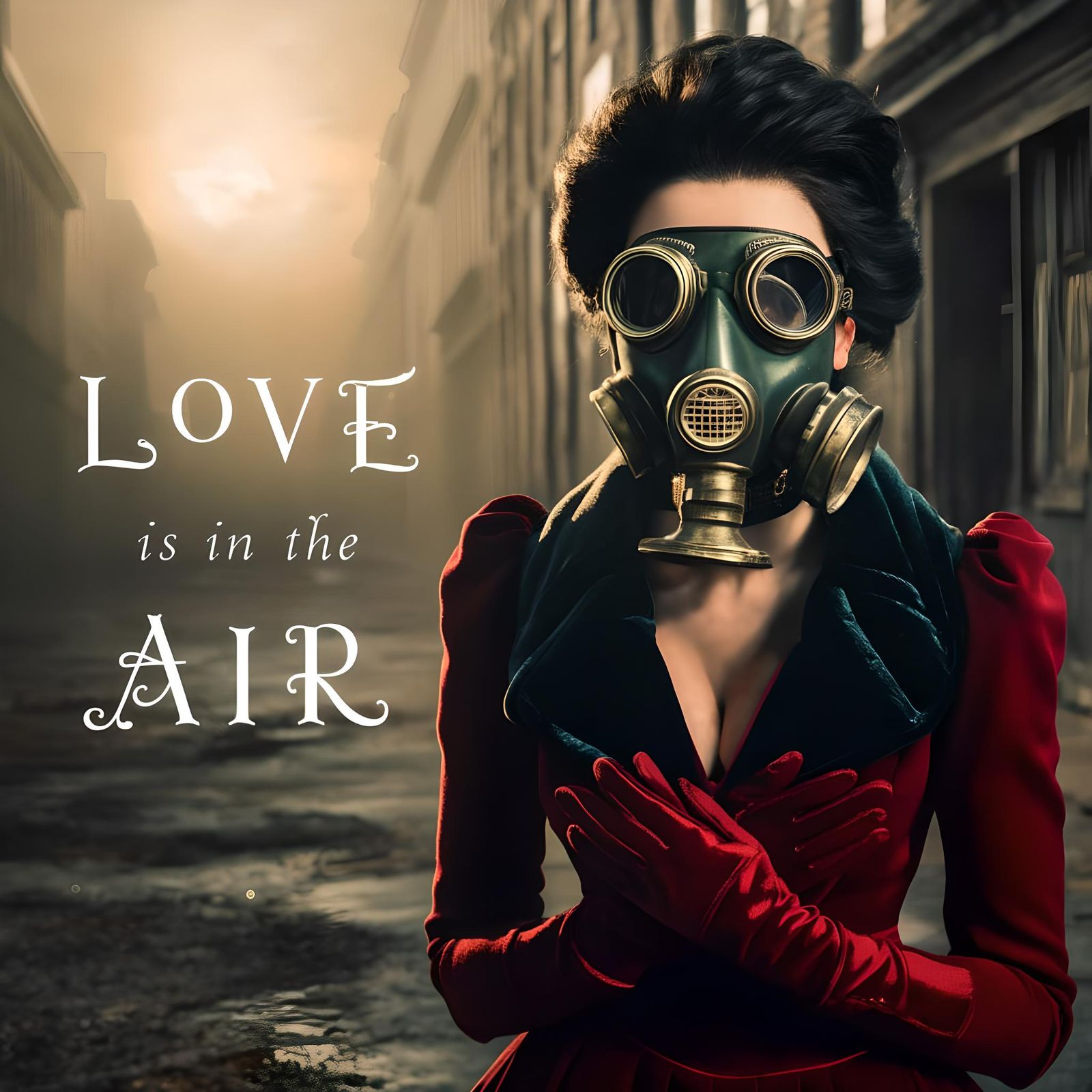Woman in Gas Mask with "Love is in the Air"