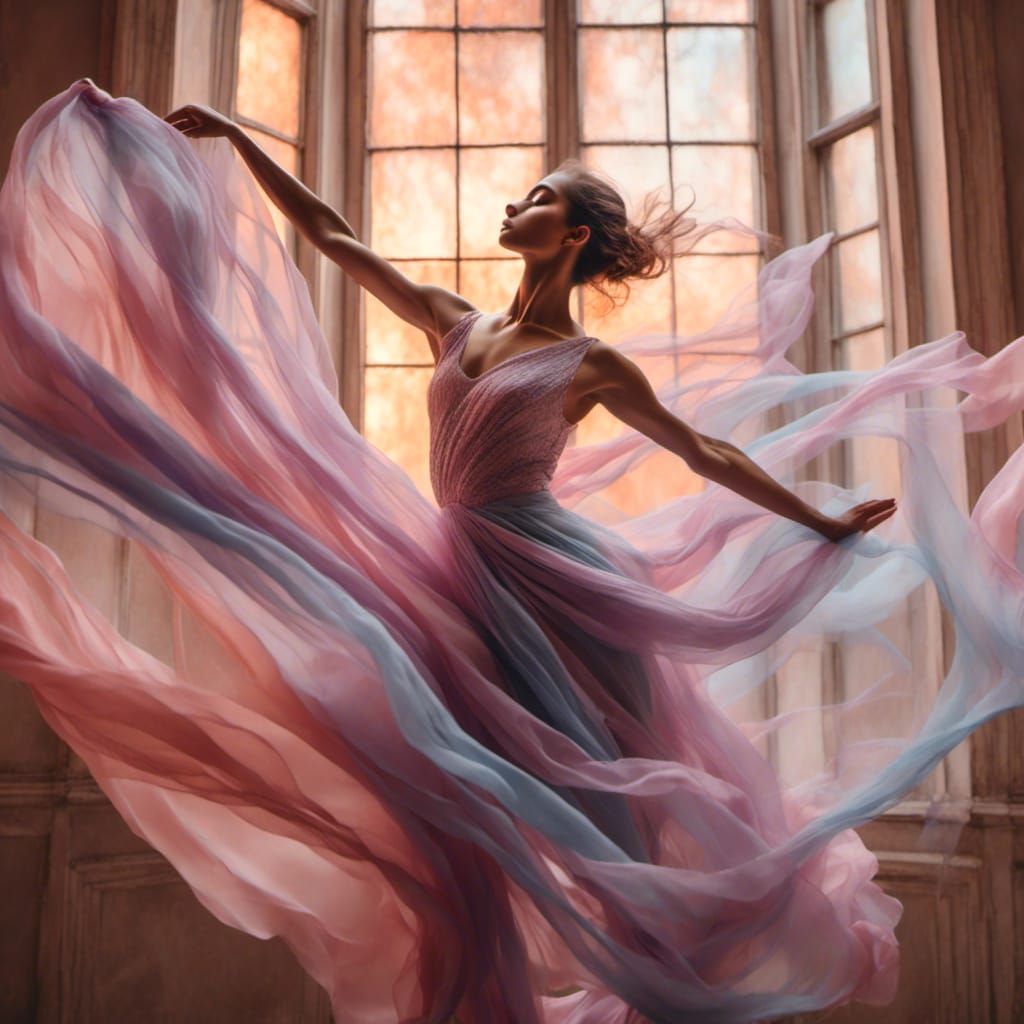 Ethereal Dancer in Flowing Fabric: Pastel Portrait
