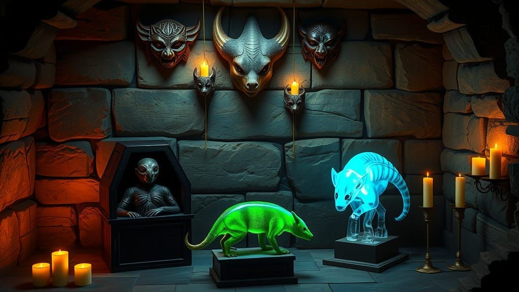 Mystical Dungeon with Alien Coffins and Jackal Masks in a Ka...
