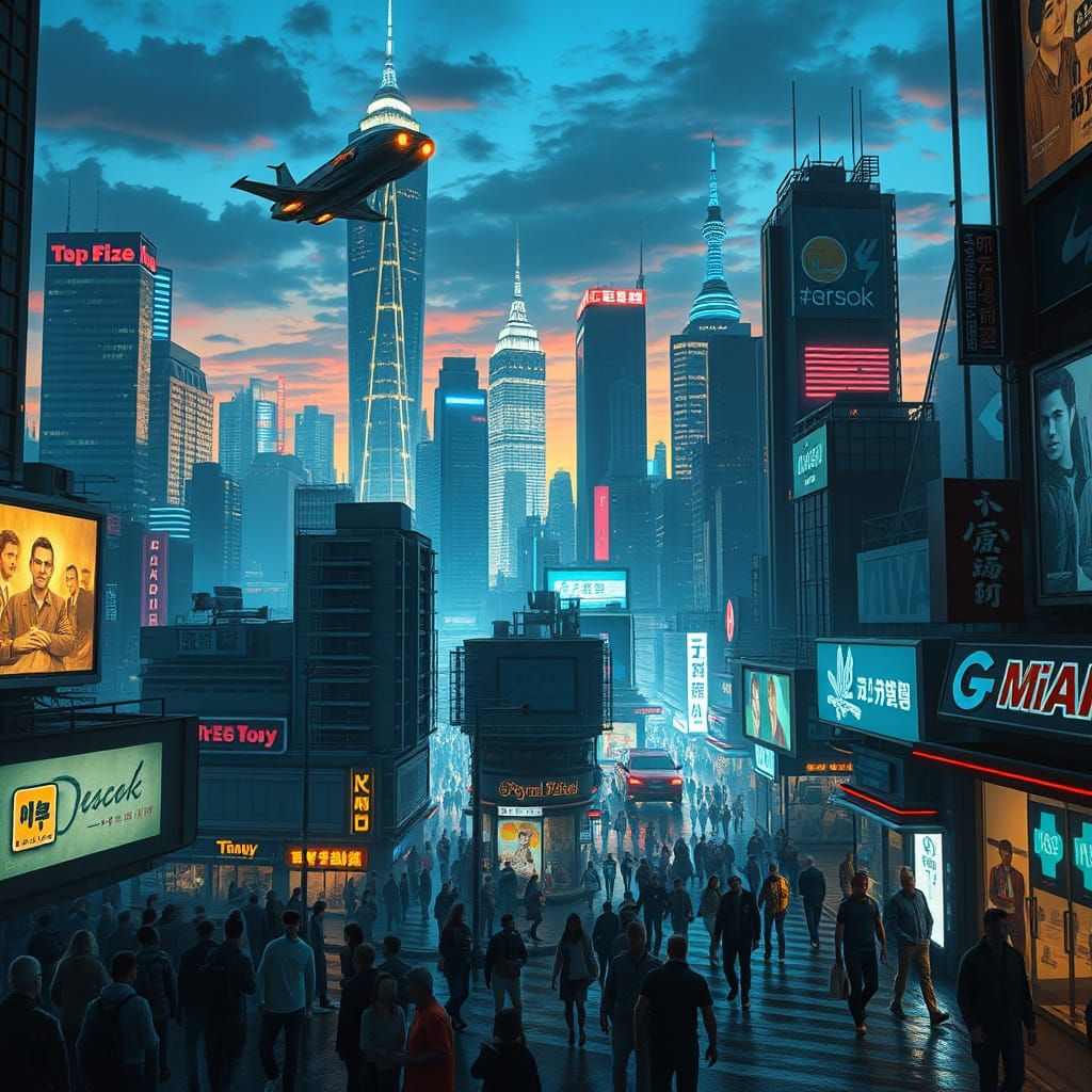 Neon Metropolis at Dusk in Cyberpunk Style
