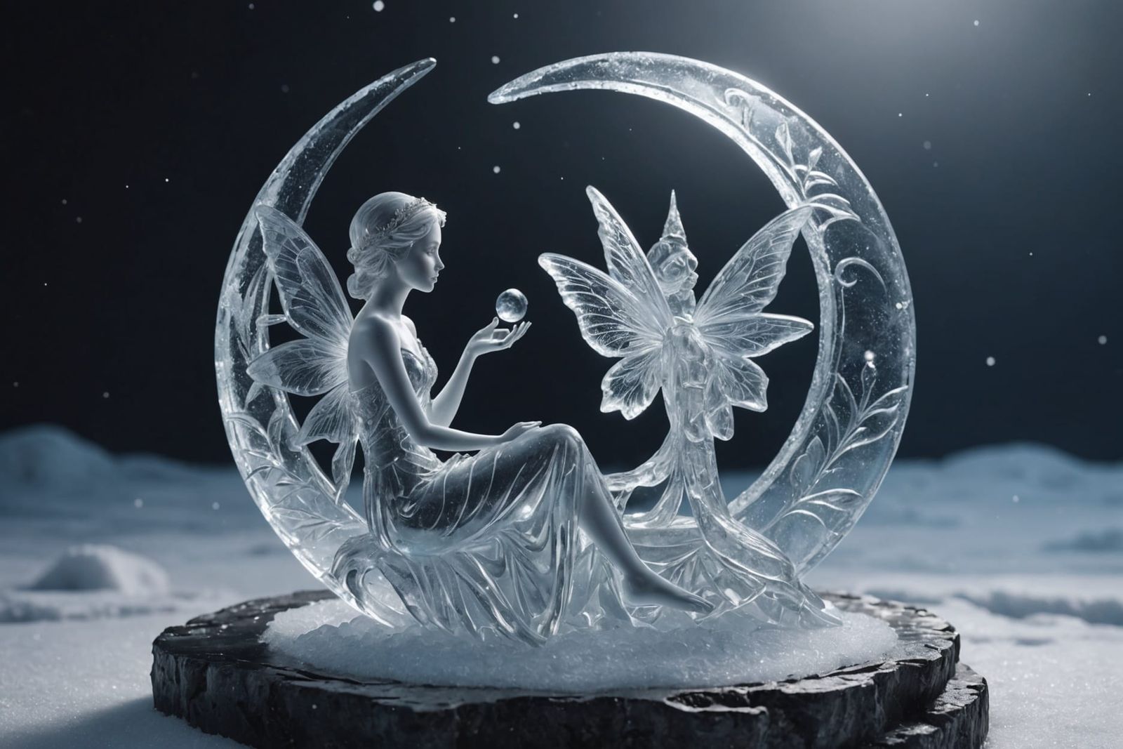 Delicate Ice Fairy on Moon Sculpture