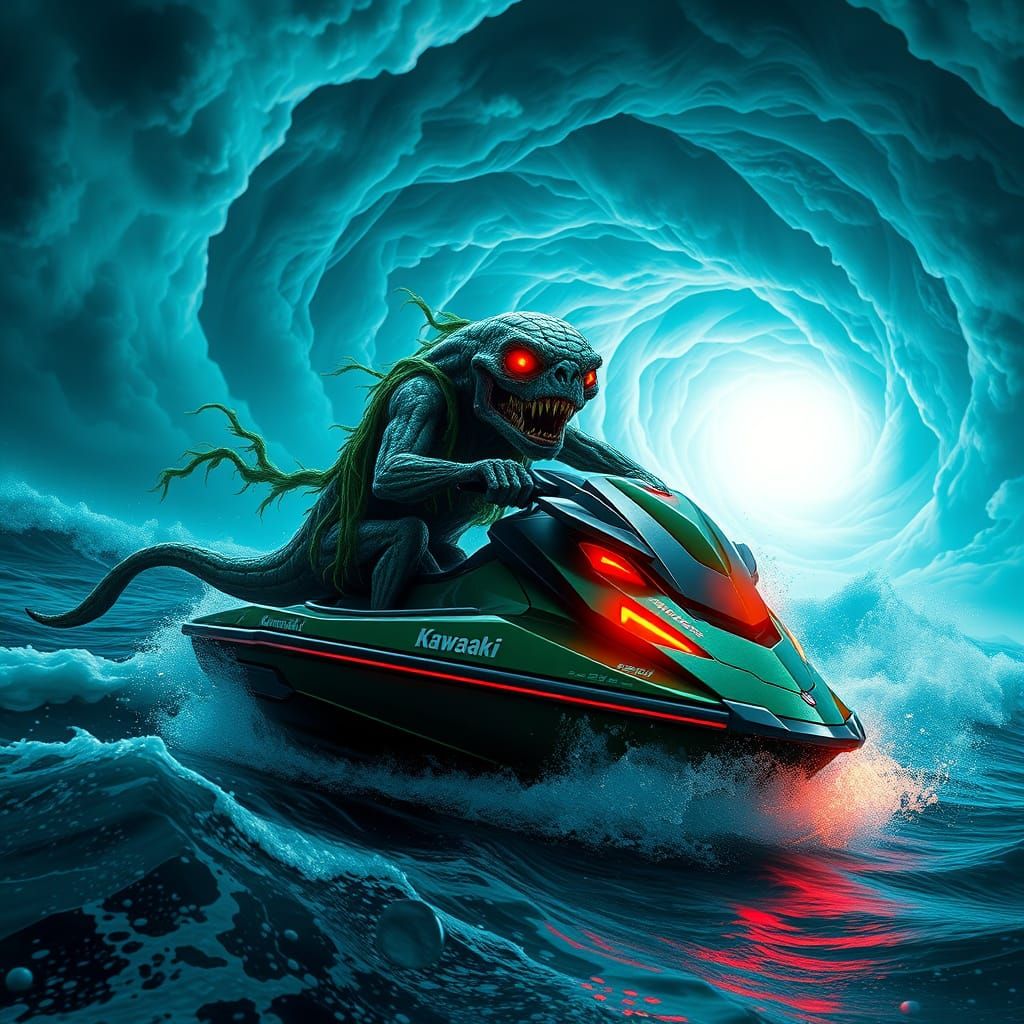 Surreal Cyberpunk Zombie Sea Cow Rides Jet Ski in Turbulent ...