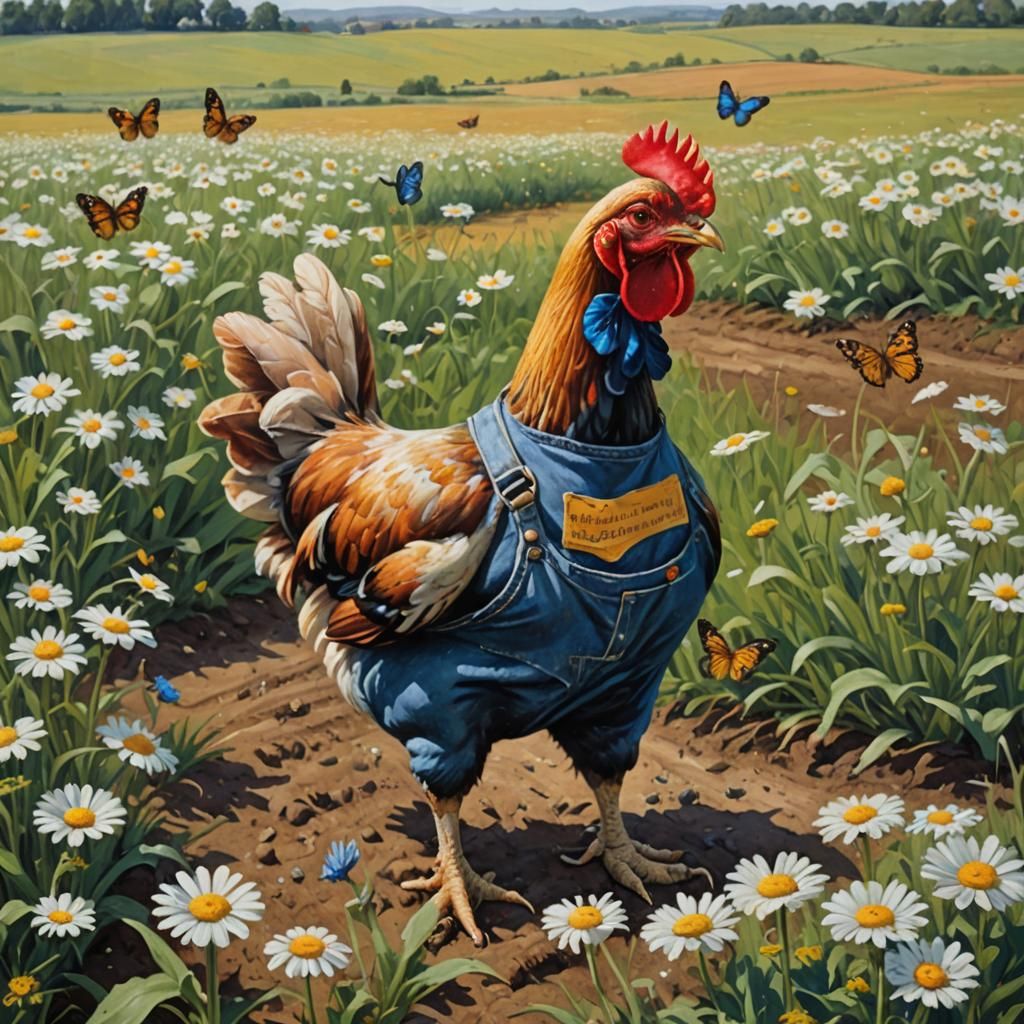 Chicken Farmer in Overalls: An Oil Painting