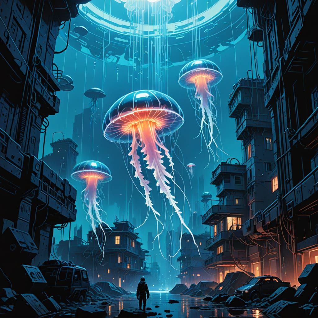 Bioluminescent Jellyfish in Submerged Cyberpunk City