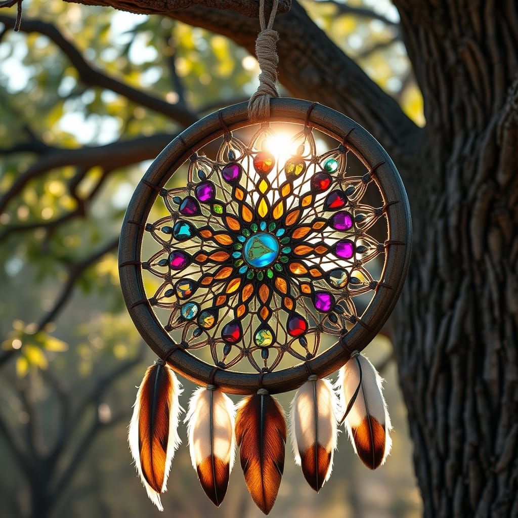 Gemstone Medicine Wheel Adorned with Eagle Feathers