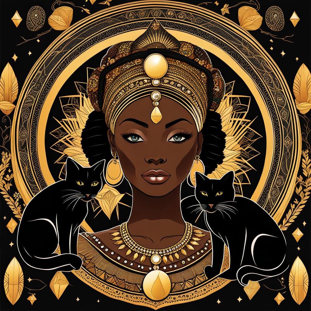 Mystical Black Goddess with Cats and Crystals
