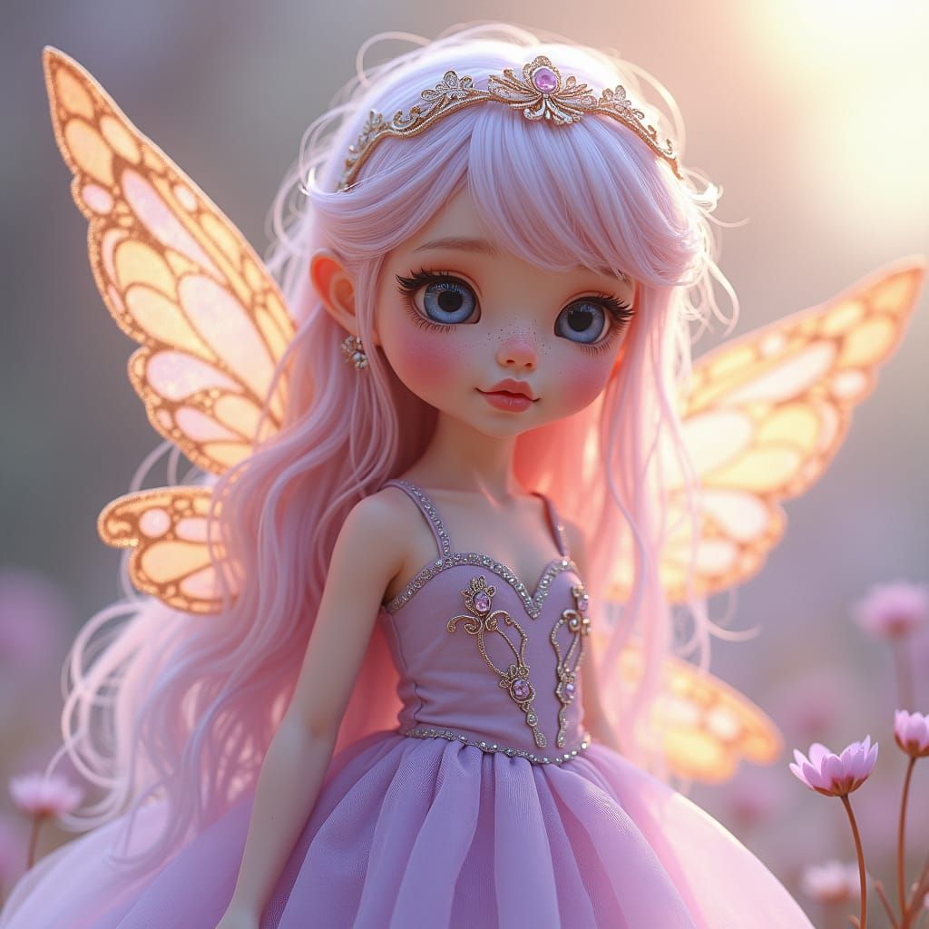 Pink and Lavender Fairy with Golden Wings