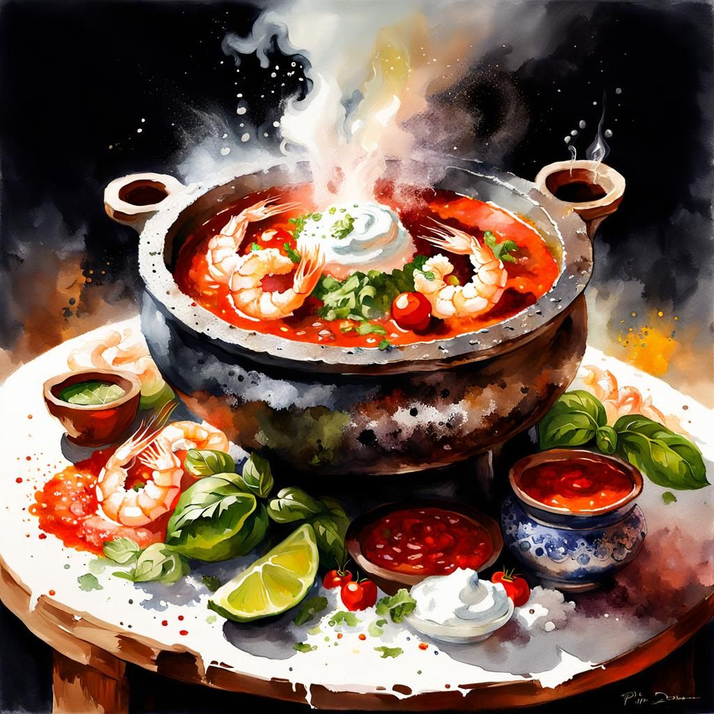 Steaming Shrimp Molcajete in Watercolor Style