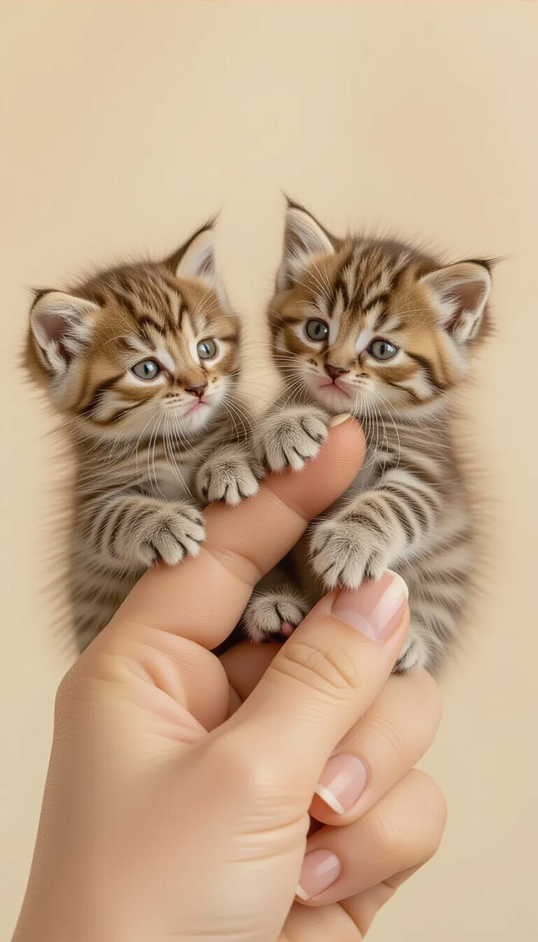 Tiny Siberian Kittens on a Finger in Cinematic Style