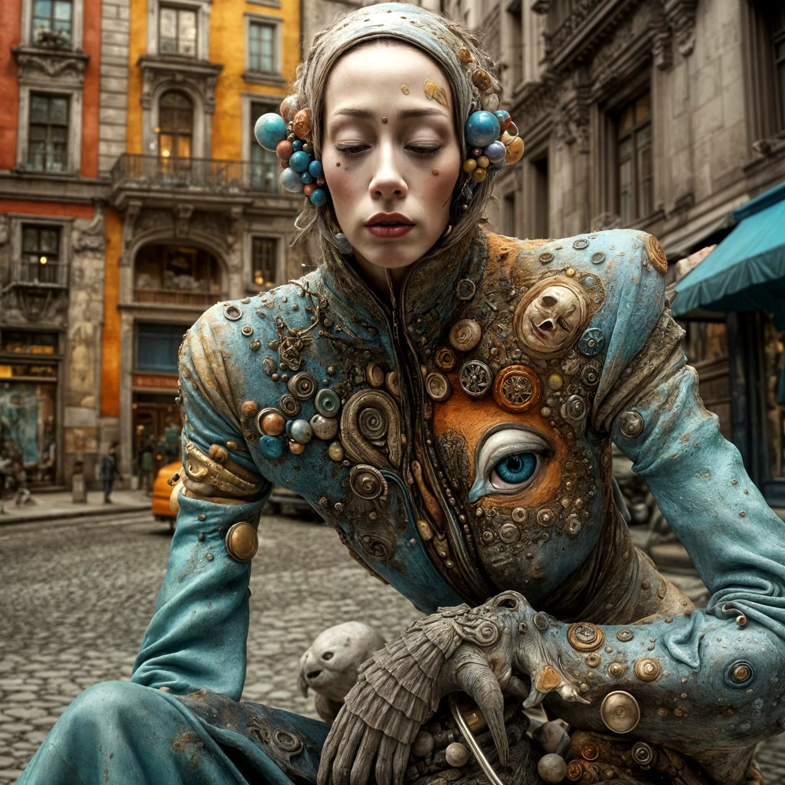 Polychromatic Abstract Cityscape With Alien Pets