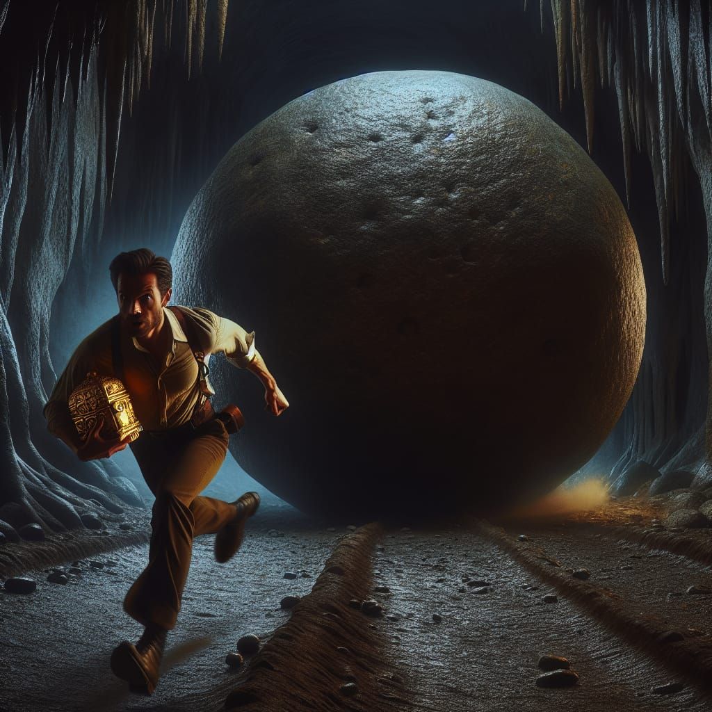 Fleeing Boulder: Adventurer's Escape in Dim Cavern