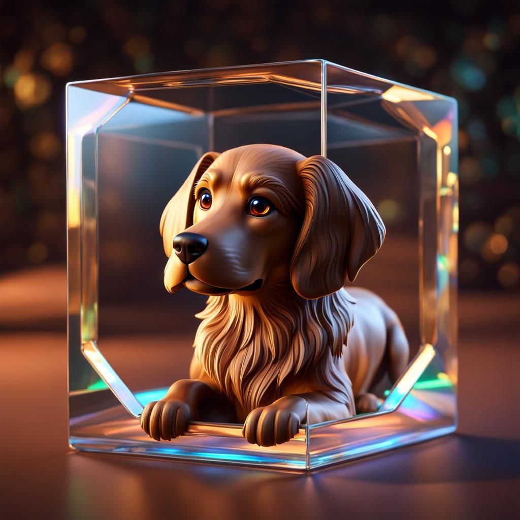 Holographic Dog Inside Glass Cube, 3D Digital Art