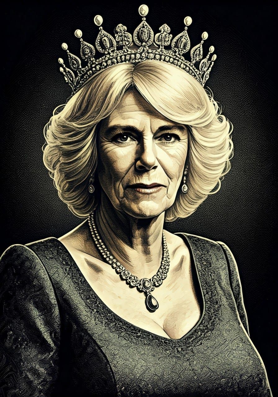 Regal Portrait in Expressive Ink, Queen Camilla
