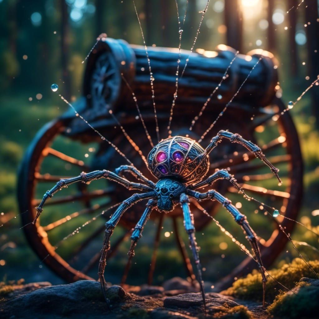 Dew-Kissed Spiderweb on Civil War Cannon, Hyperrealistic Sty...