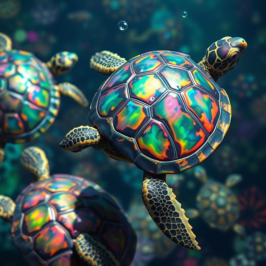 Iridescent Turtles in Luminescent Aquatic Environment