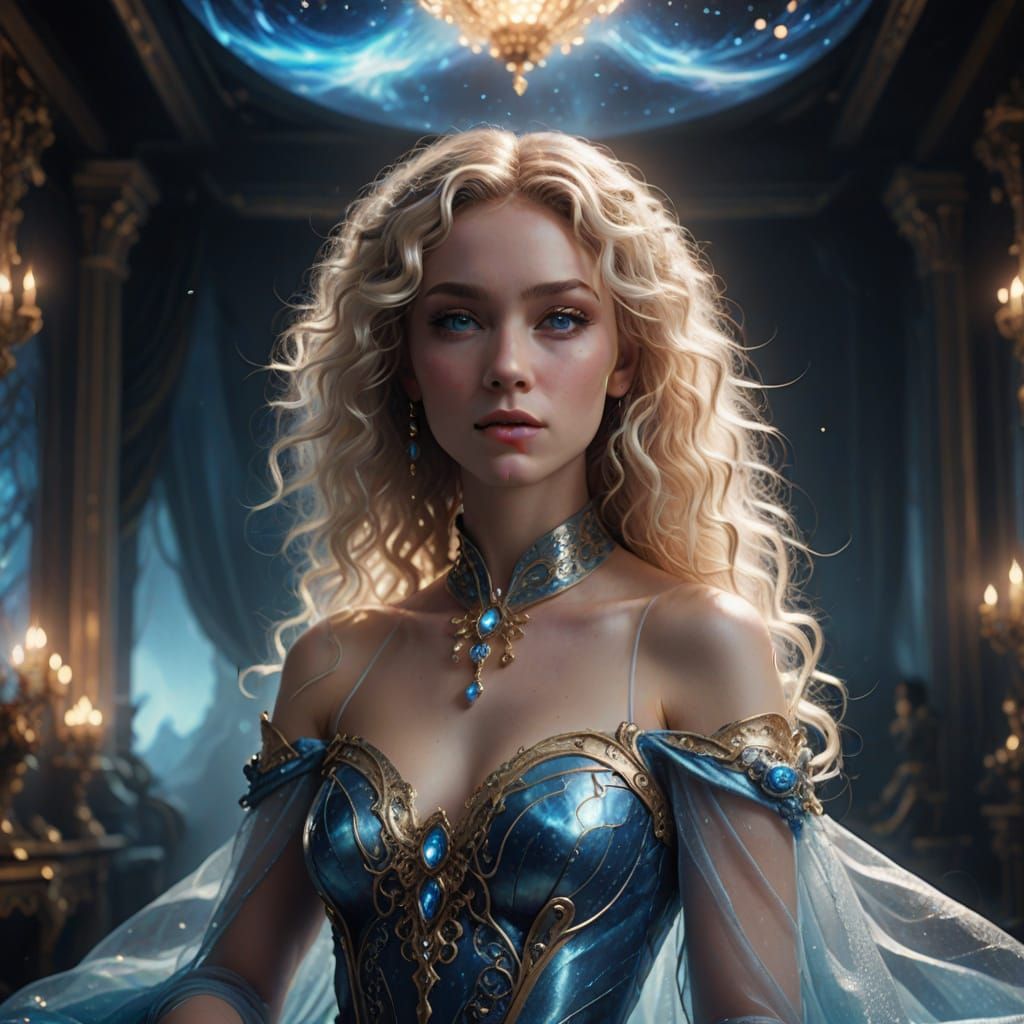 Majestic Pleiadian Woman in Cosmic Bedroom