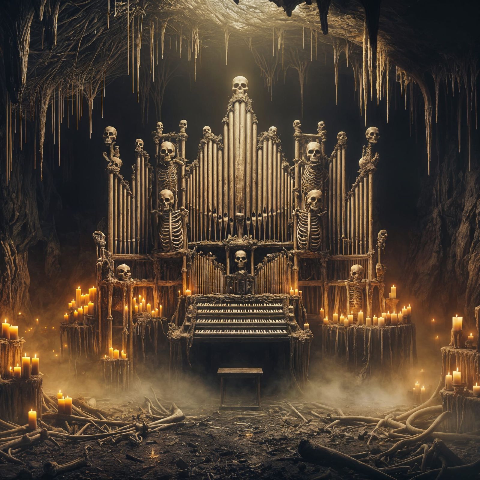 Eerie Bone Organ in Dimly Lit Cave