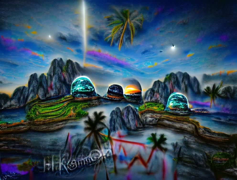 Island Sunset with Cosmic Sky in Holographic Style