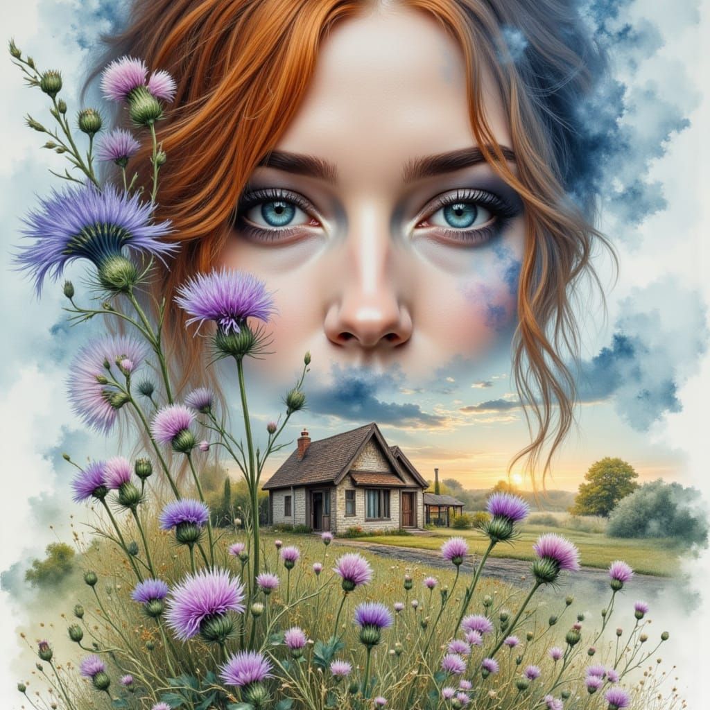 Scottish Woman Portrait with Thistle Flowers and Flag