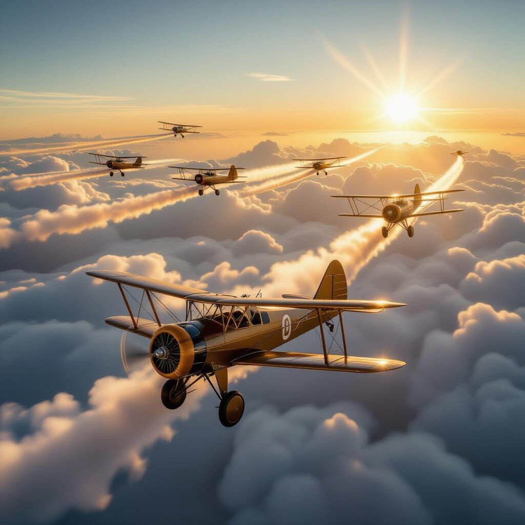 Vintage Biplanes Soaring Through Clouds in Sepia Tones