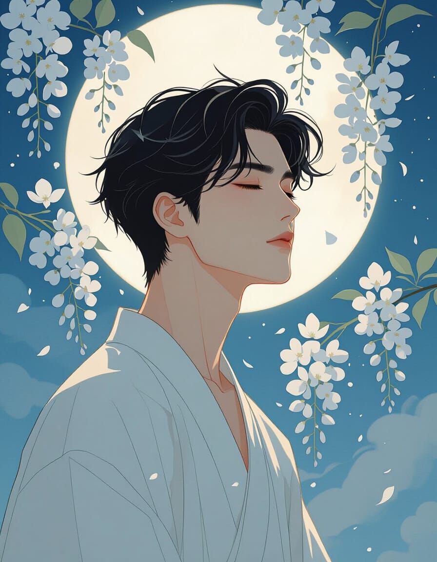 Ukiyo-e Male Beauty Under Moonlight