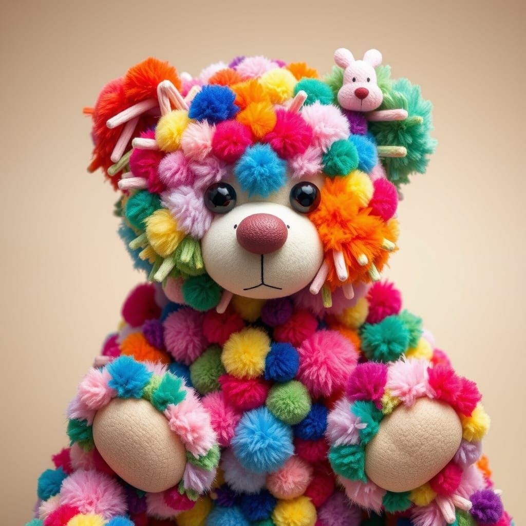 Colorful Pom Pom Teddy Bear in Pop Surrealist Style