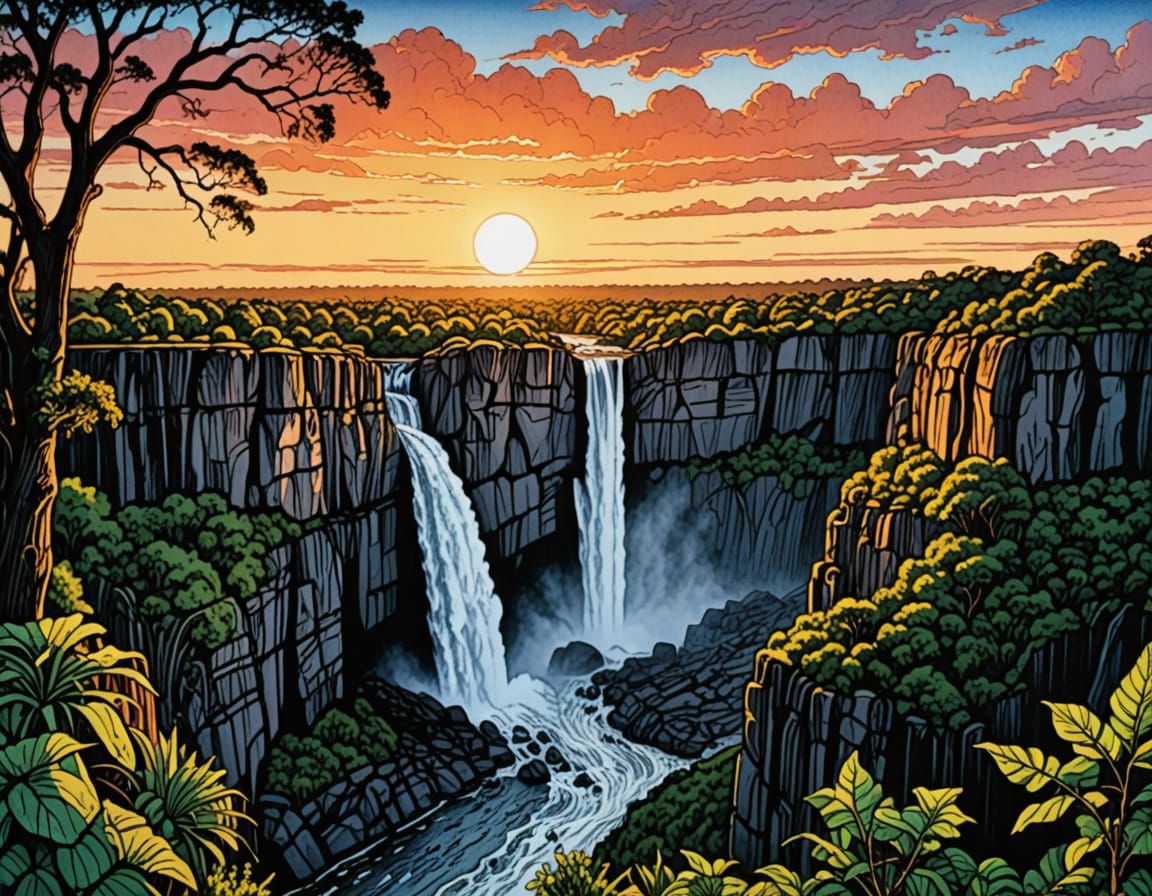 Detailed Ink Drawing of Victoria Falls at Sunset