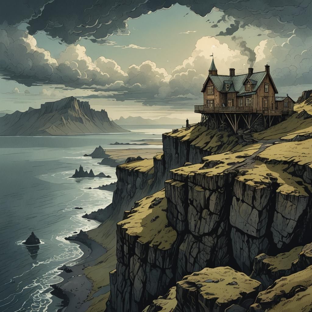 Eerie Cliffside House in Retro Dungeons and Dragons Style