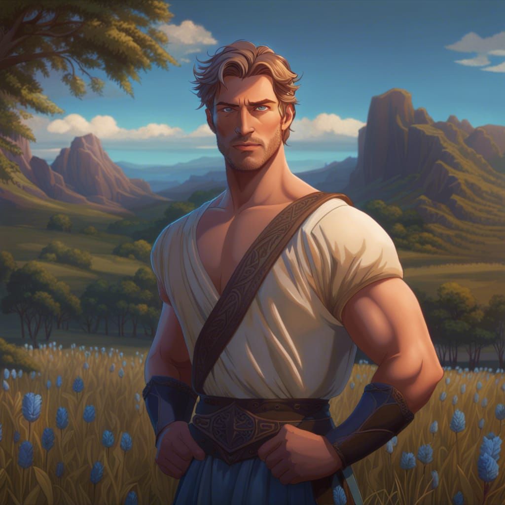 Handsome Man in Field: 2D Animation Portrait