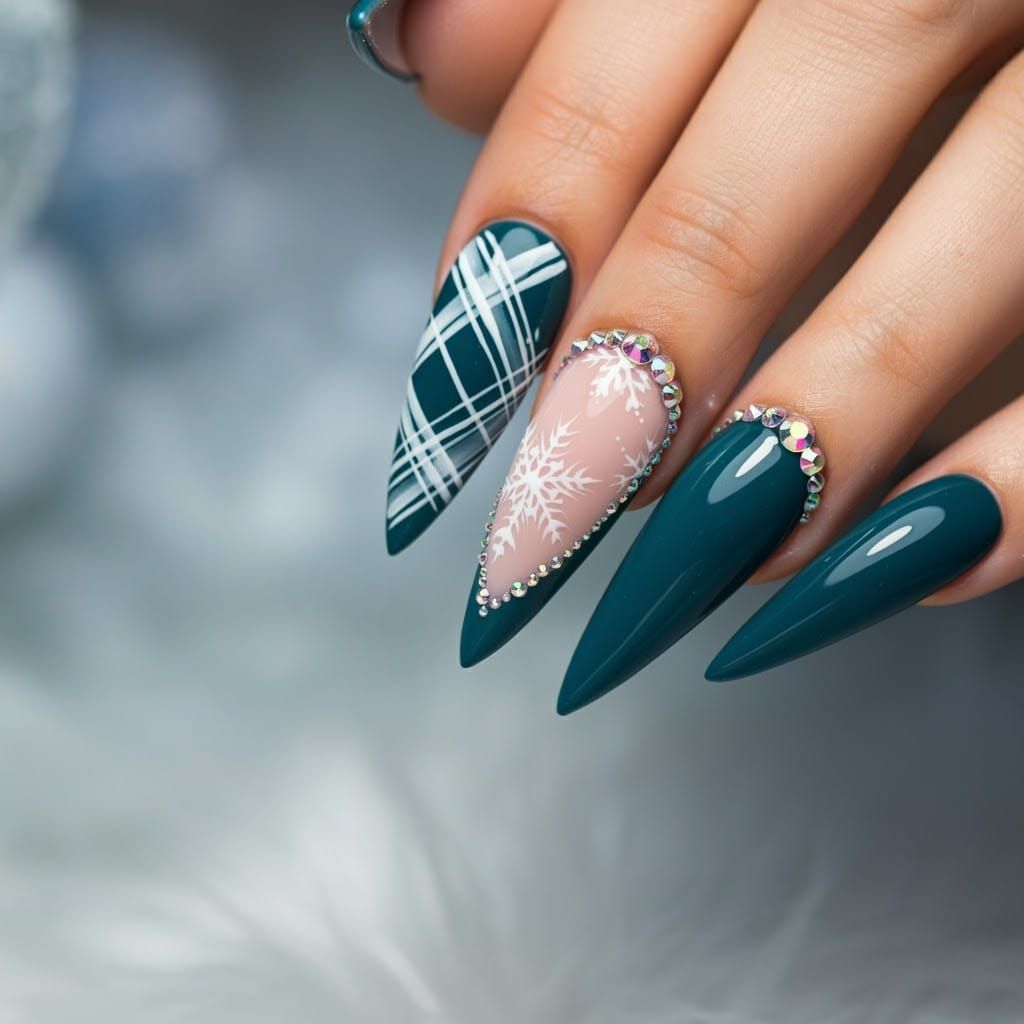 Winter Nail Art with Teal, Plaid, and Rhinestones