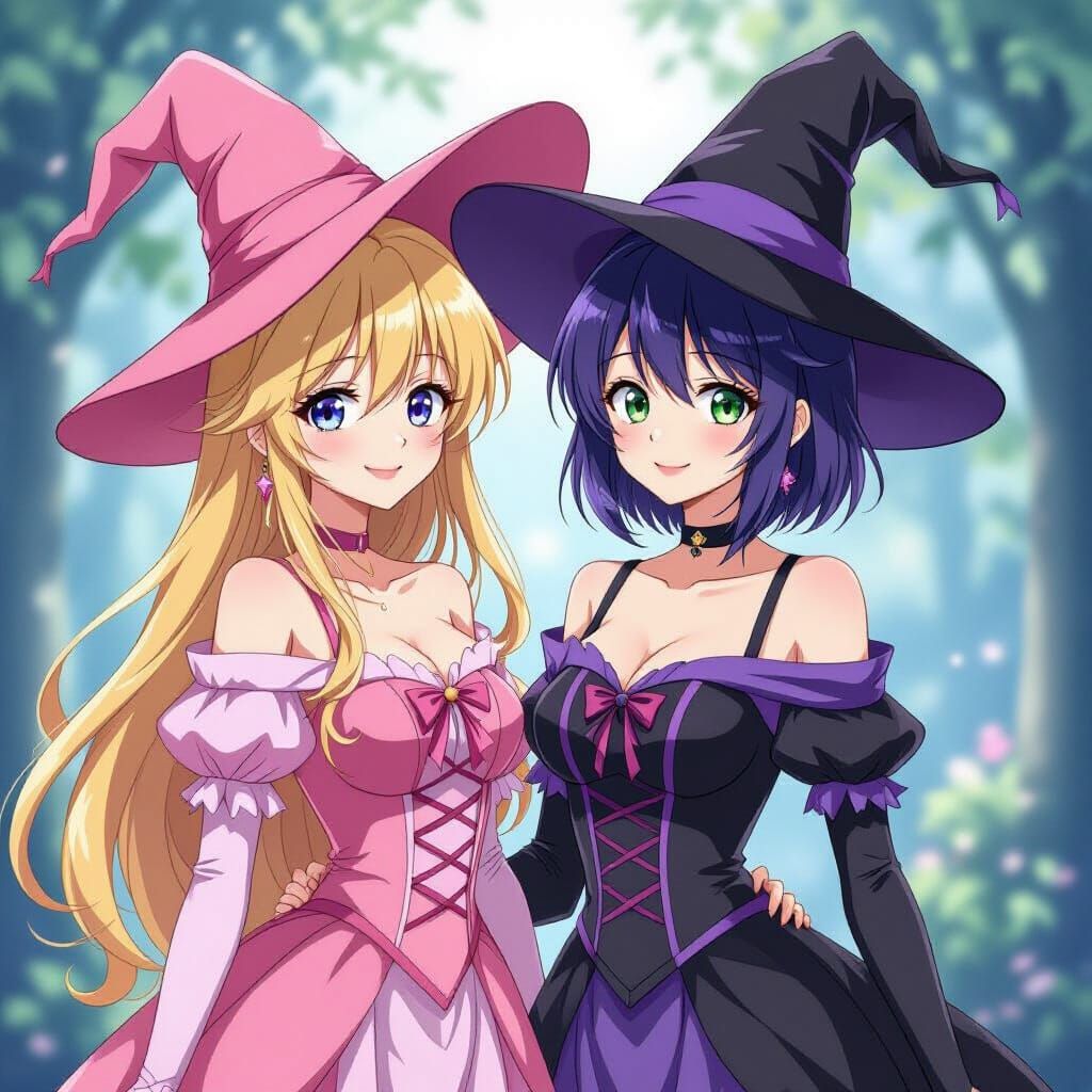 Anime Witches: Blonde and Brunette Friends in Pink and Purpl...