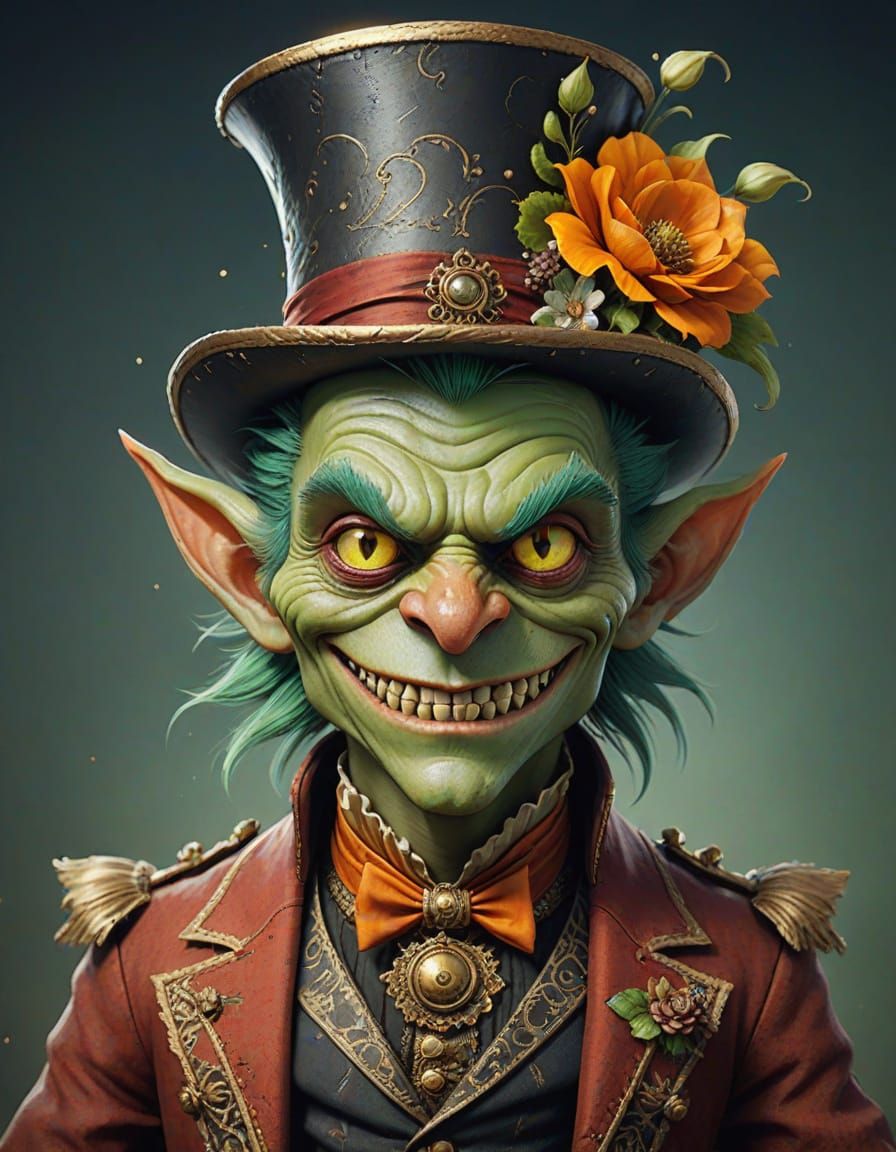 Mischievous Goblin in Victorian Dress, Gothic Fairytale Art
