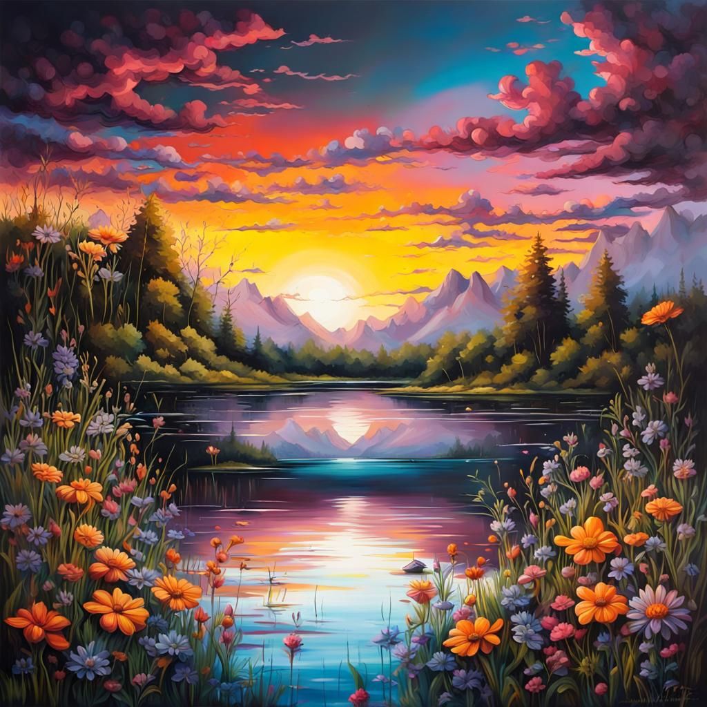 Sunset Lake Landscape in Graffiti Art Style