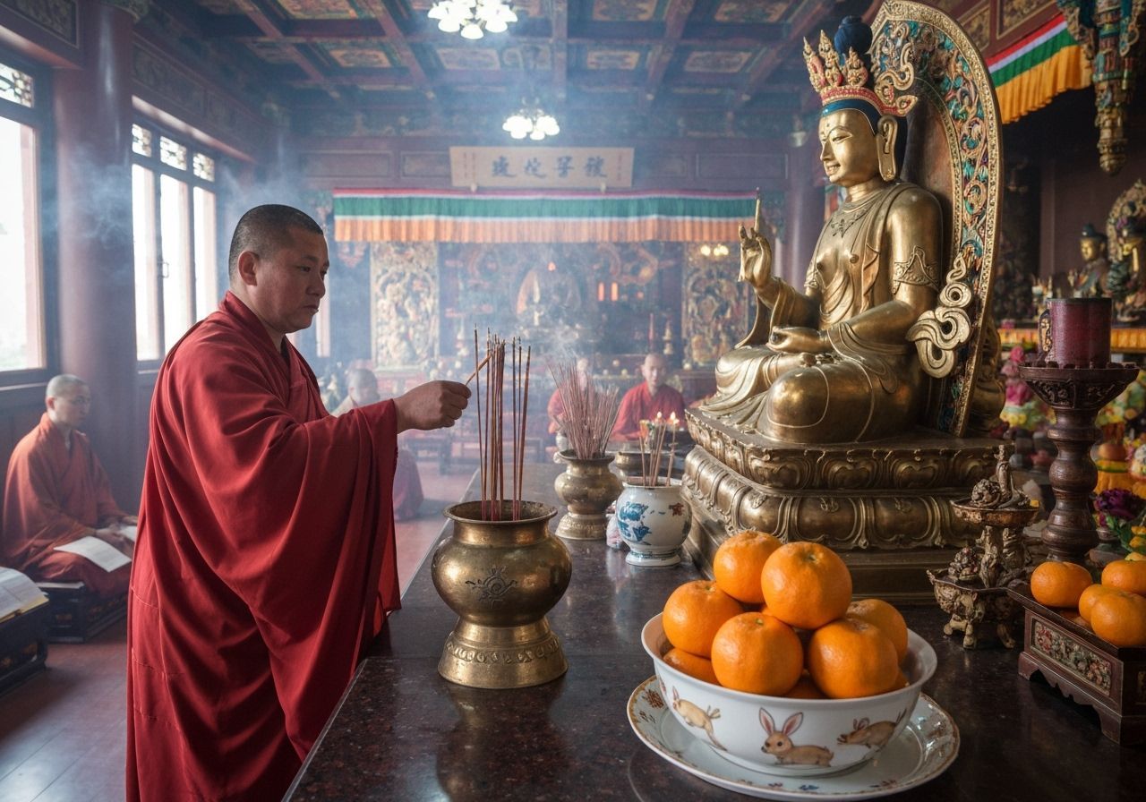 Tibetan Temple: Monk Lighting Incense Offering
