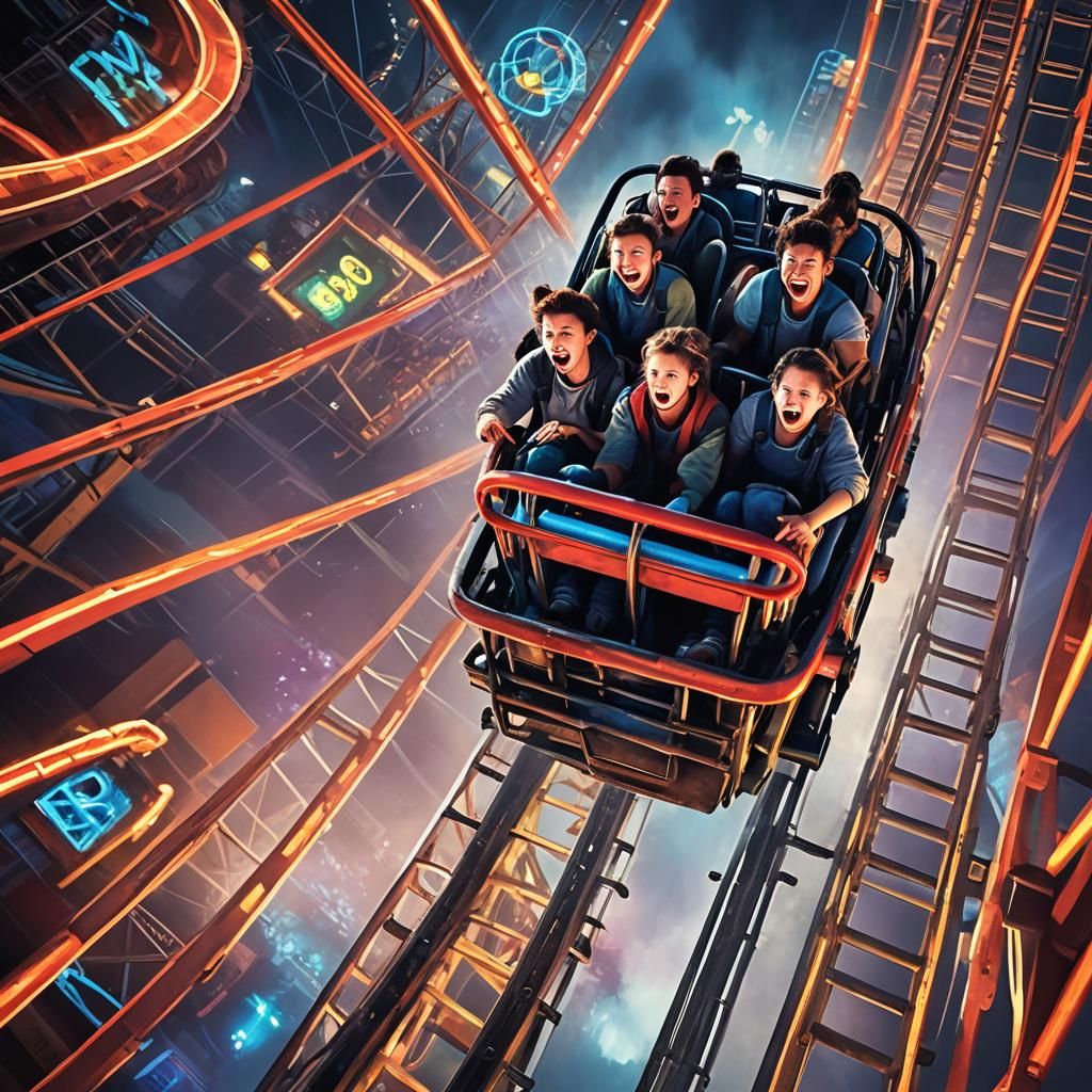 A family on a very high roller coaster cart, everyone screaming in horror because it is so high and they are at the top ...