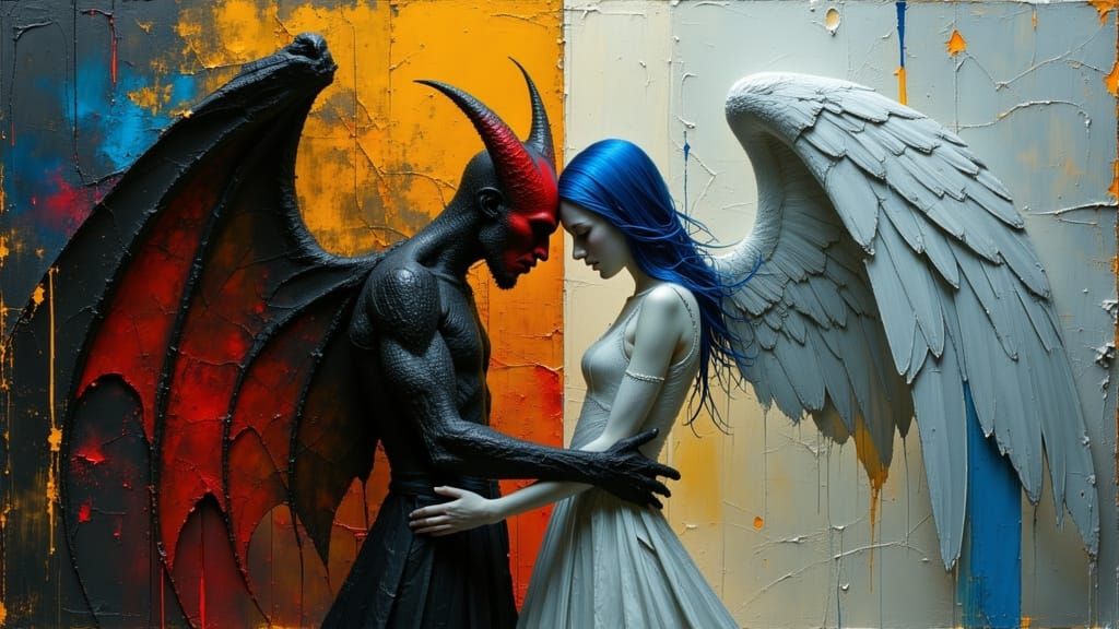Tiefling and Angel Embrace in Dark Oil Painting