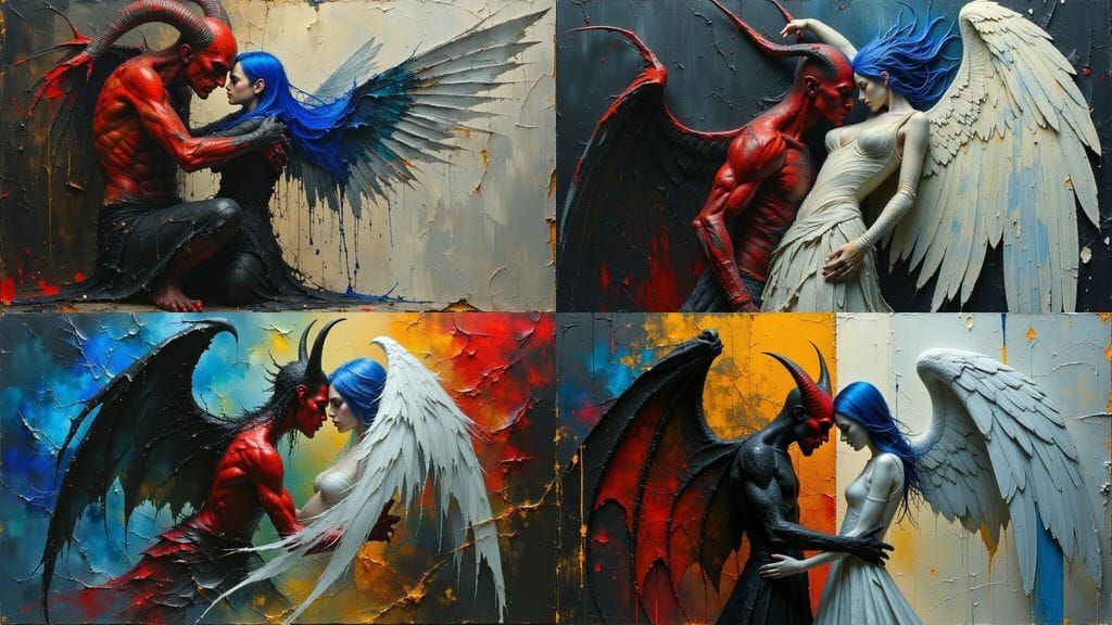 Tiefling and Angel Embrace in Oil Paint