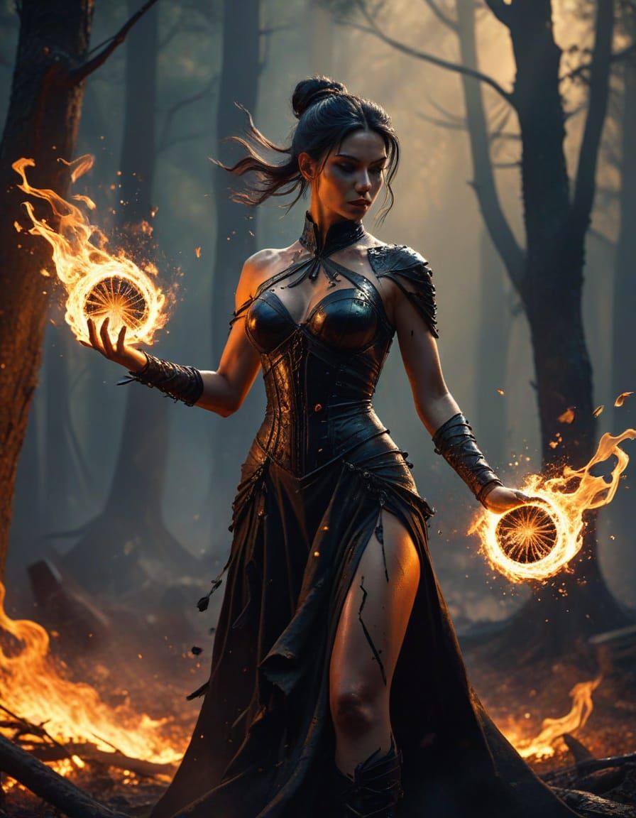 Fantasy Girl in Vibrant Oil Painting Style with Fire Fans an...