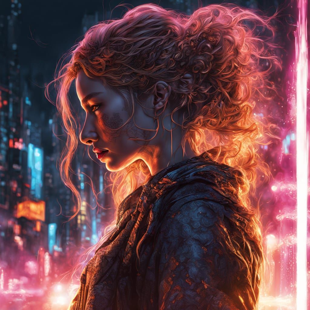 Cyberpunk Woman With Fiery Gaze And Crimson Lips