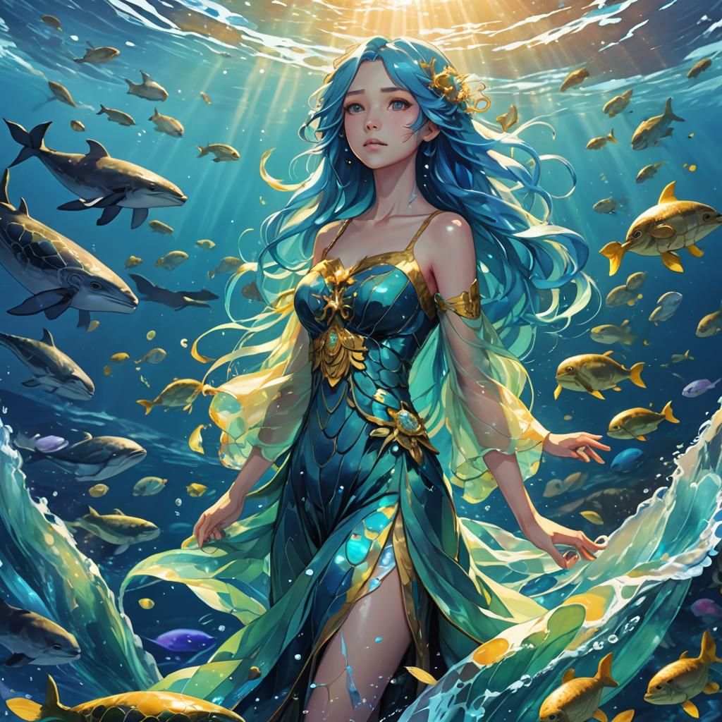 Anime Woman in Ocean with Whales, Digital Art